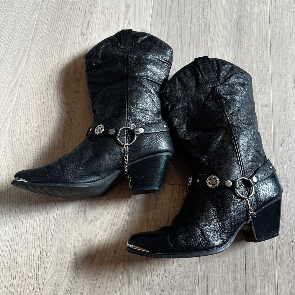 Western Boho Slouchy Soft Leather Boots with Silver Accents and Harness Chain